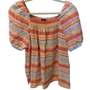 Talbots Puffy Sleeve Striped 100% Linen Top Women's Large Petite Coquette Preppy